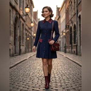 Vintage Le Chateau Navy Blue Mini Dress Satin Trim Pleated Coat Dress Size 7